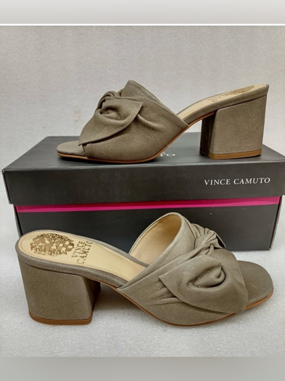 Vince Camuto Silver/Grey Starlight Suede Knot Block Heel Mule